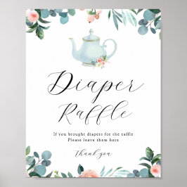 Zeit für Tee Blue Floral Diaper Raffle Sign Poster