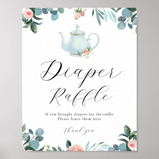 Zeit für Tee Blue Floral Diaper Raffle Sign Poster (Vorne)