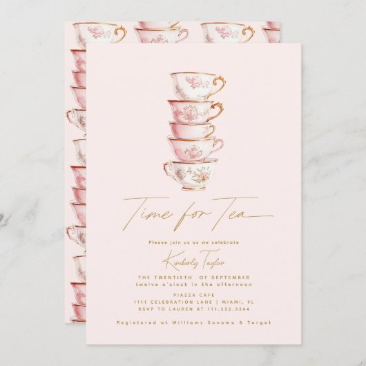 Zeit für Tee Pink Chinoiserie Brautparty Party Einladung (Vorne/Hinten)