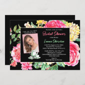 Zeit für Tee Schwarze Blüte mit Foto Brautparty Einladung (Vorne/Hinten)