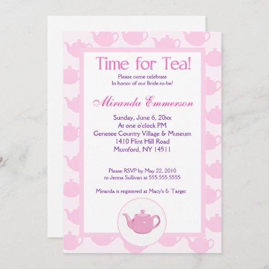 Zeit für Tee Tee Teekanne (rosa) Brautparty 12x18 Einladung (Vorne/Hinten)