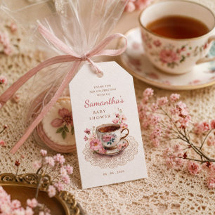 Zeit für Tee Vintage-Blumen-Teetasse Baby Shower Geschenkanhänger