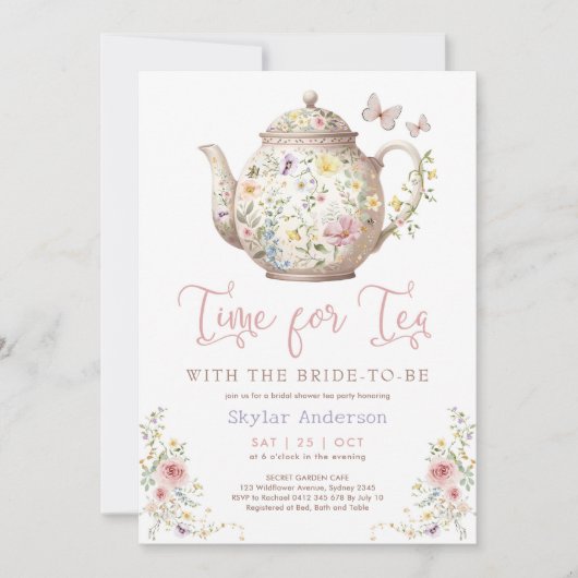 Zeit für Tee Wildblume Schmetterling Brautparty Einladung (Vorderseite)