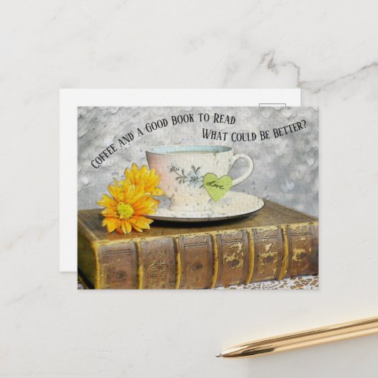 Zeit von Urlaub Kaffee und ein gutes Buch zu lesen Postkarte (Vorderseite/Rückseite Beispiel)