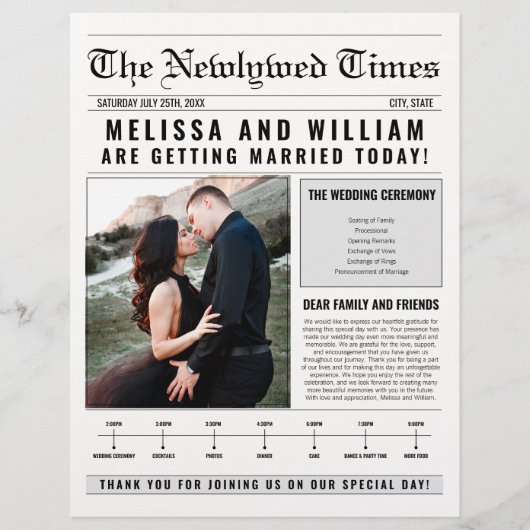 Zeitachse des eleganten Zeitungshochzeitprogramms Flyer (Vorne)