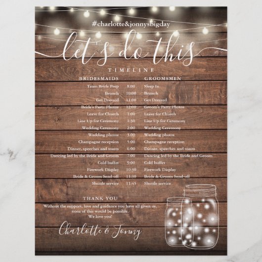 Zeitachse des Hochzeitsprogramms für rustikale Hol (Vorderseite)