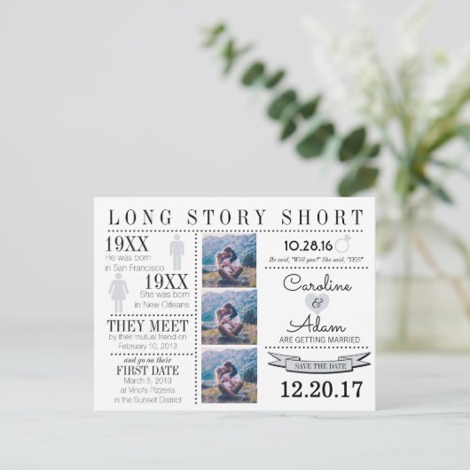 Zeitachse in hellgrau Save the Date Postkarte (Stehend Vorderseite)