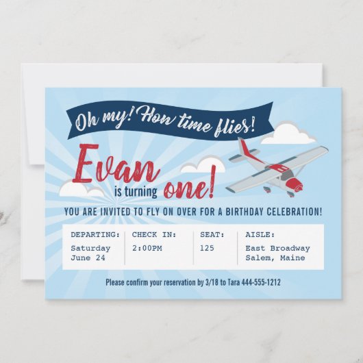 Zeitfliegen Flugzeug zum Geburtstag Einladung (Vorderseite)