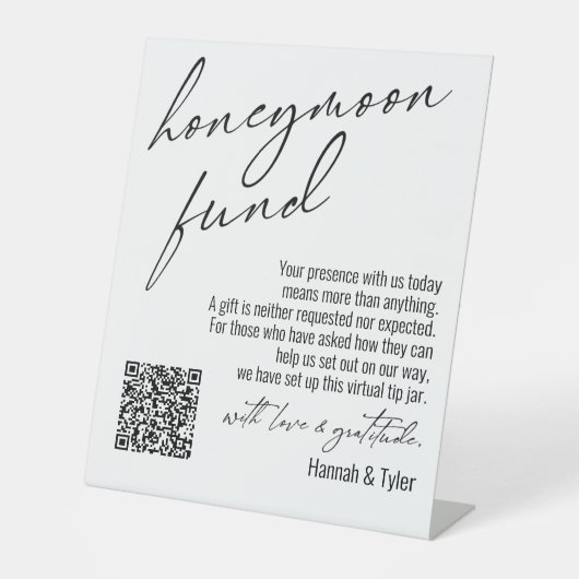 Zeitgemäßer Flitterwochen-Fonds QR-Code Weiß Sockelschild (Vorderseite)