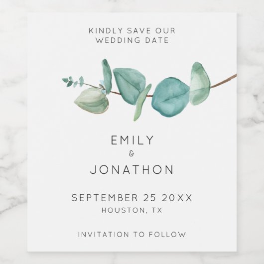 Zeitgenössisch Blaues Eukalyptus-Leaf Save the Dat Weinetikett (Einzelnes Label)