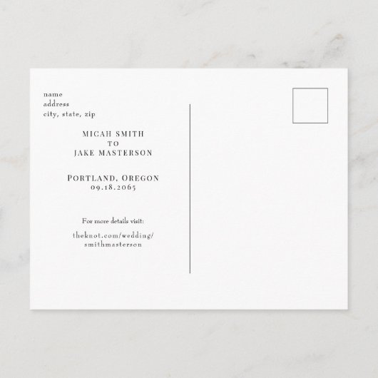 Zeitgenössische B/W Hochzeit Rettete unser Datum Postkarte (Rückseite)