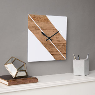 Zeitgenössische Blockstreifen auf Faux-Holz Quadratische Wanduhr