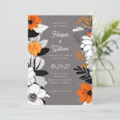 Zeitgenössische Blume Schwarz, Weiß, Orange Hochze Einladung (Stehend Vorderseite)