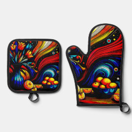 Zeitgenössische Blume und Orangen-Nachtschwärme Ofenhandschuh & Topflappen-Set