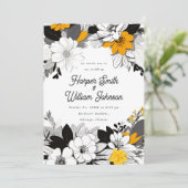 Zeitgenössische Blütenhochzeit in Schwarz, Weiß, G Einladung (Stehend Vorderseite)