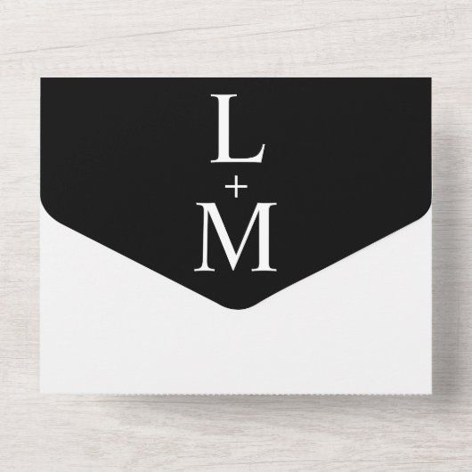 Zeitgenössische einfache Schwarze Monogramm Hochze All In One Einladung (Rückseite)