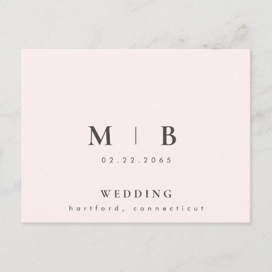 Zeitgenössische einfache Sleek Monogram Blush Wedd Einladungspostkarte (Vorderseite)