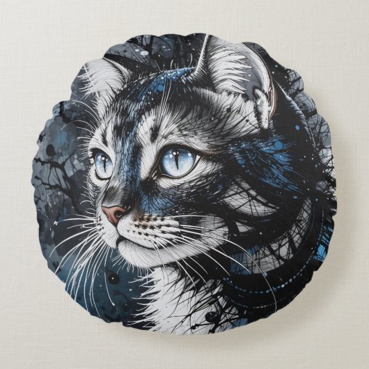 Zeitgenössische Katze Rundes Kissen (Vorderseite)