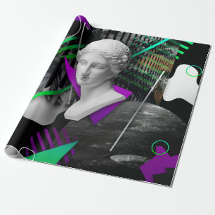 Zeitgenössische Kunstcollage mit Gipskopfstatur Geschenkpapier