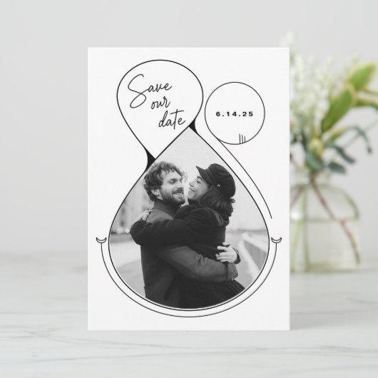 Zeitgenössische Linie Art Schwarz-weißes Foto Einz Save The Date (Stehend Vorderseite)