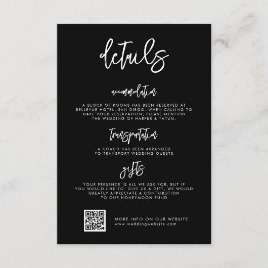Zeitgenössische moderne schwarze Hochzeitsstipps Q Begleitkarte (Vorderseite)