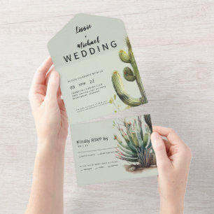 Zeitgenössische Salbei Kaktus Hochzeit All In One Einladung
