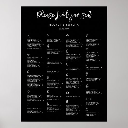 Zeitgenössische schwarze Alphabetische Sitzkarte Poster (Vorne)