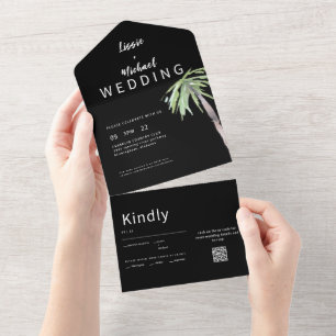 Zeitgenössische schwarze Hochzeit mit Palme und QR All In One Einladung