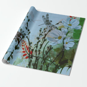 Zeitgenössische Silber-Flügel Libellen/mit Blume Geschenkpapier