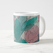 zeitgenössische skizzenhafte rosa Blume und Blätte Jumbo-Tasse (Vorderseite Rechts)
