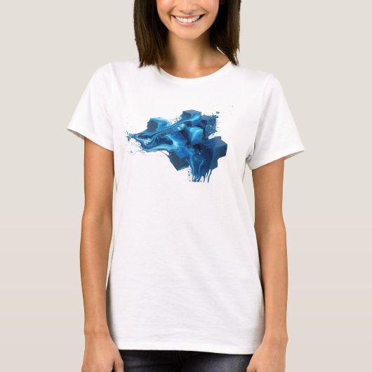 Zeitgenössischer blauer abstrakter Würfel-Kunstdru T-Shirt (Vorderseite)