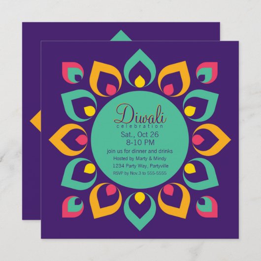 Zeitgenössischer Diwali Deepa Rangoli Einladung (Vorne/Hinten)