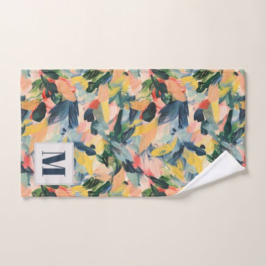 Zeitgenössischer Pfirsich und Abstrakt blauer Blüm Badhandtuch Set (Handtuch)