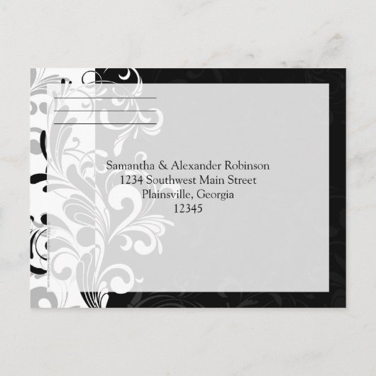 Zeitgenössischer Schwarz-Weiß-Swirl Einladungspostkarte (Rückseite)