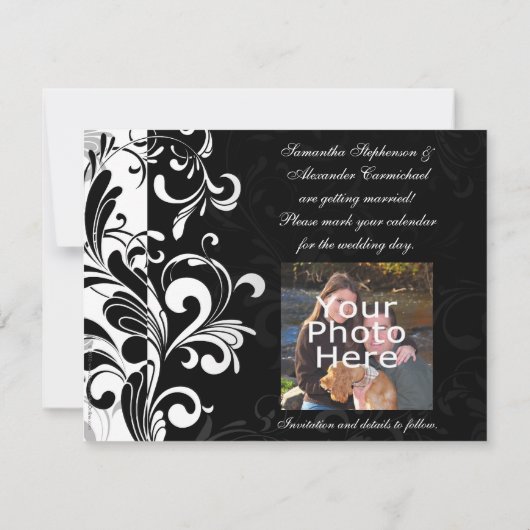 Zeitgenössischer Schwarz-Weiß-Swirl Save The Date (Rückseite)