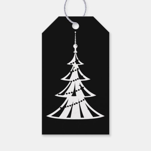 Zeitgenössischer weißer Weihnachtsbaum auf schwarz Geschenkanhänger (Vorderseite)