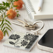 Zeitgenössisches Blumen in Schwarzweiss Schlüsselanhänger (Vorderseite rechts)