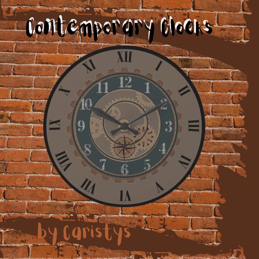 Zeitgenössisches Braun, schwarze Steamponwand Große Wanduhr