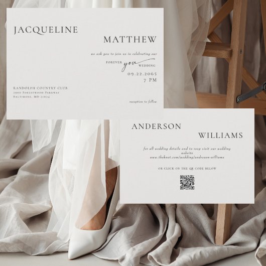 Zeitgenössisches Forever You Beige QR Code Hochzei Einladung