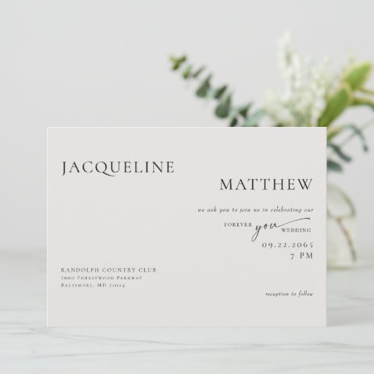 Zeitgenössisches Forever You Beige QR Code Hochzei Einladung (Stehend Vorderseite)