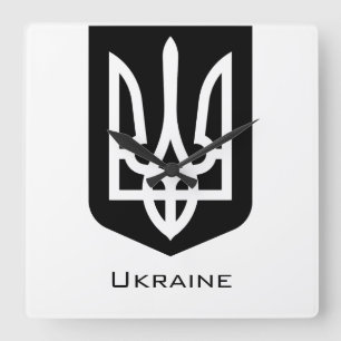 Zeitgenössisches Grafik-Emblem des Tryzub der Ukra Quadratische Wanduhr