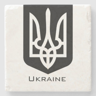Zeitgenössisches Grafikemblem Tryzub der Ukraine Steinuntersetzer