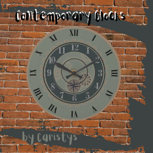 Zeitgenössisches Grün, Braun, Steamponwall Große Wanduhr