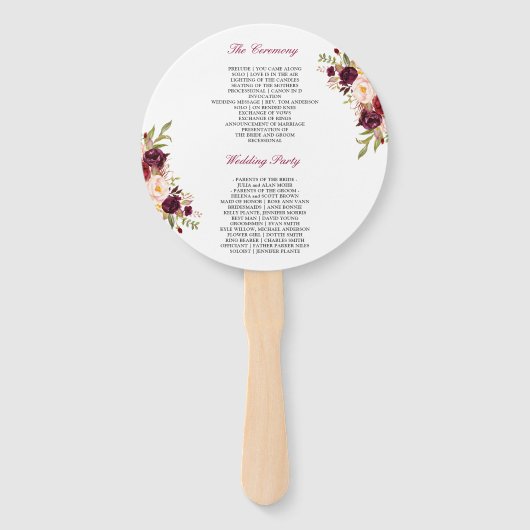 Zeitgenössisches Hochzeitsprogramm für Burgund Rot Fächer (Rückseite)