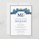 Zeitgenössisches Jerusalem - Bar Mitzvah Einladung<br><div class="desc">Die farbenprächtige Joyful Contemporary Jerusalem Bar Mitzvah Invitation zeigt ein Bild der Stadt Jerusalem an der Spitze in einem blauen und goldenen Thema und einem hebräischen Namen</div>