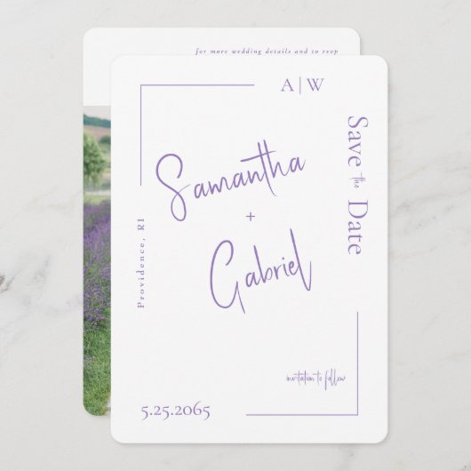 Zeitgenössisches Lavendel-Foto Hochzeit Sichern Si Save The Date (Vorne/Hinten)