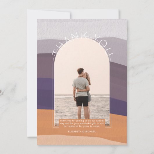 Zeitgenössisches Mauve Orange Streifen FOTO DANKE Einladung (Vorderseite)