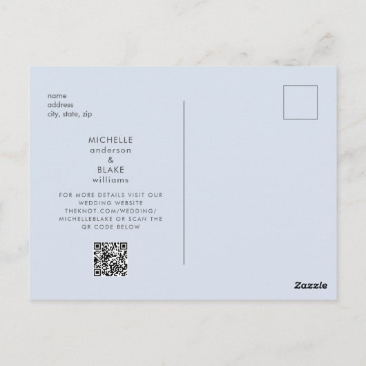 Zeitgenössisches Monogramm Dusty Blue Save the Dat Postkarte (Rückseite)