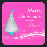 Zeitgenössisches Pink White Christmas Tree Geschen Quadratischer Aufkleber<br><div class="desc">Heiß rosa Hintergrund mit einem weißen Weihnachtsbaum mit aquamarinen Dekorationen. Sehr modernes zeitgenössisches und lustiges Weihnachtsgeschenk Tag Aufkleber Design für Ihre Geschenke.</div>