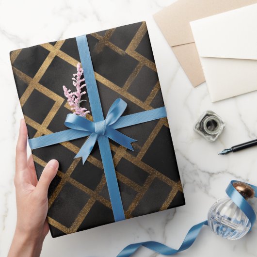 Zeitgenössisches Schwarz-Gold-Geometrisches-Abstra Geschenkpapier (Schenken)